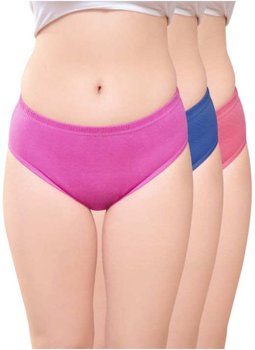 Pretty Women's  Full Hip Coverage Combed Cotton Fabric Hipster High Waist, 0.75 Inch (2 cm) Covered Elastic Panties (Pack of 3 - Plain Colours May Vary)